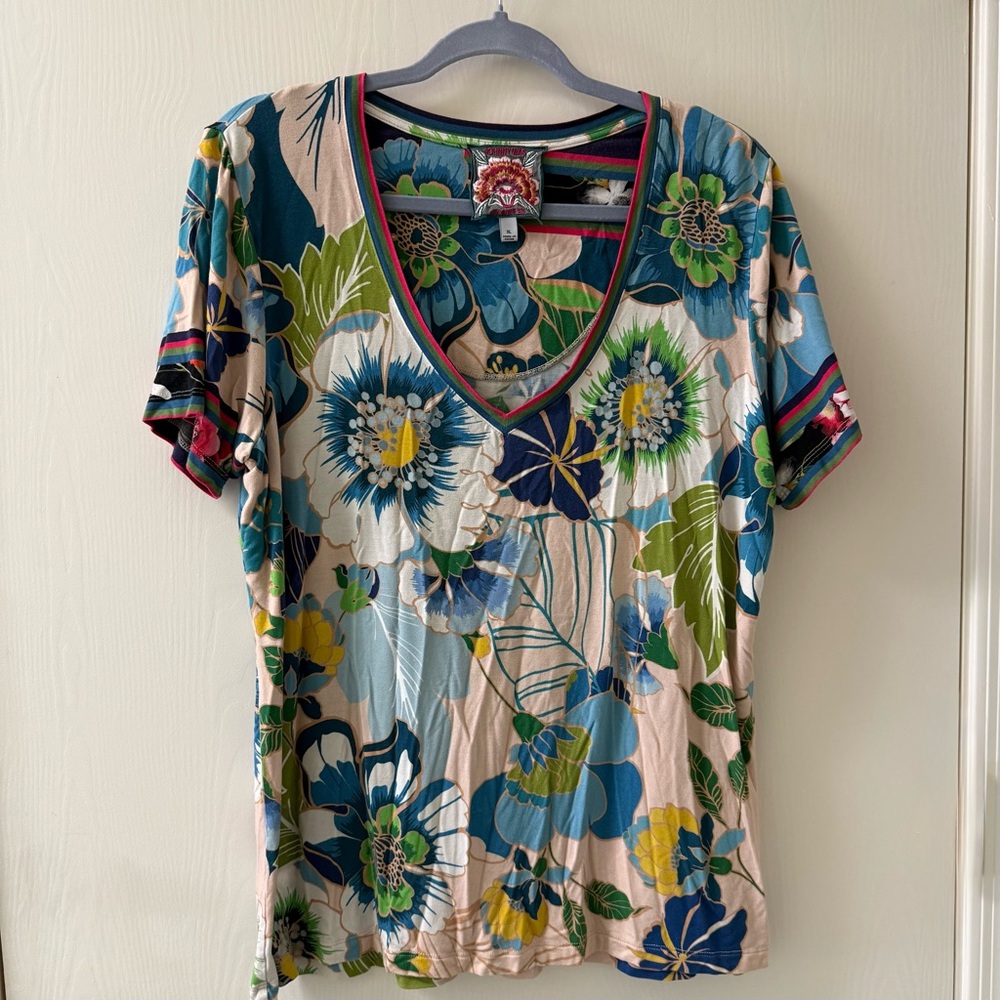 Johnny Was Blue Floral V-Neck Blouse Janie XL